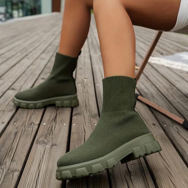 Alpha C Apparel Women's Solid Color Minimalist Boots, Slip On Breathable Platform Knitted Boots, Trendy Comfy Slim Shoes