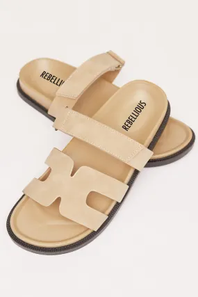 Beige Gladiator Suede Leather Velcro Strap Slider Sandals - Aloni