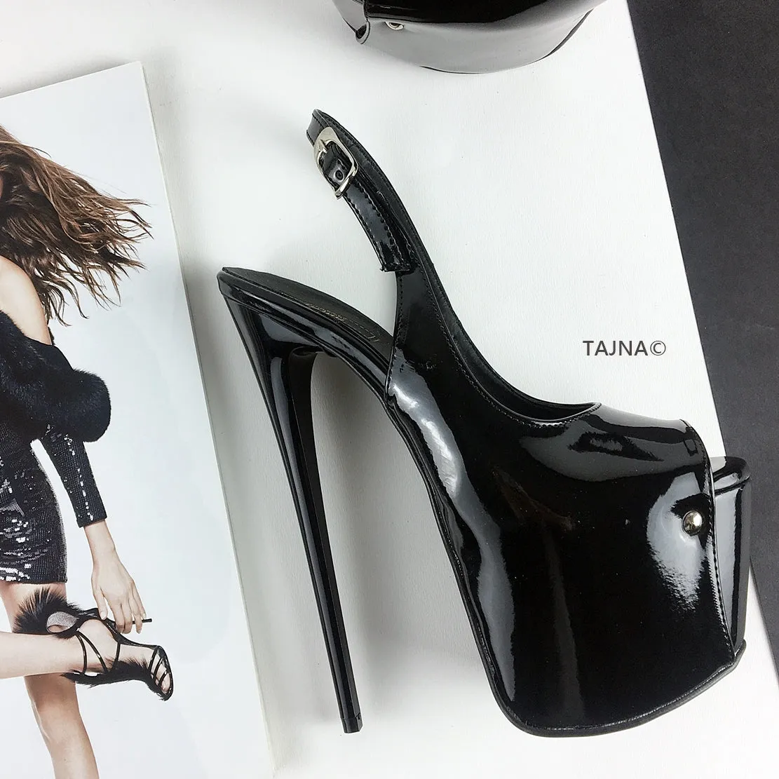 Black Patent Pencil Heel Platform Sandals