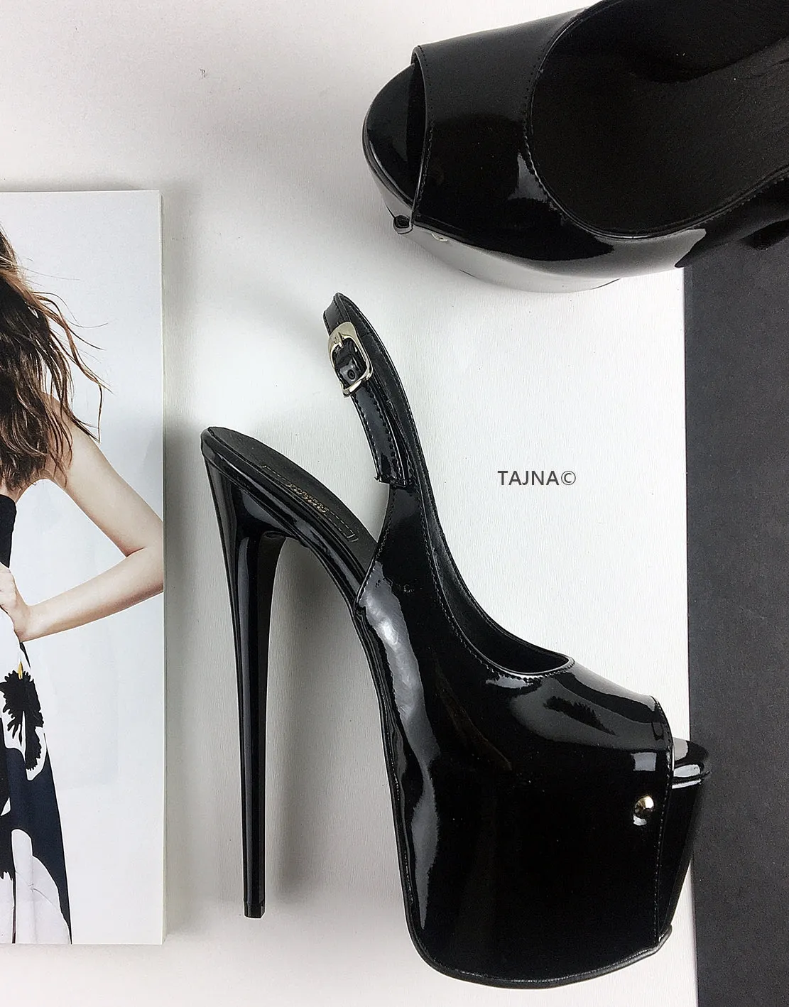 Black Patent Pencil Heel Platform Sandals