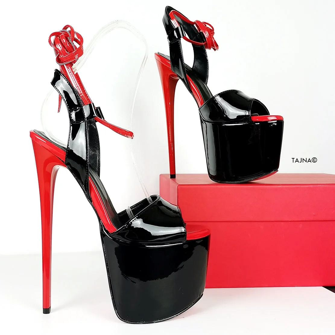 Black Red Gloss Lace Up High Heel Sandals