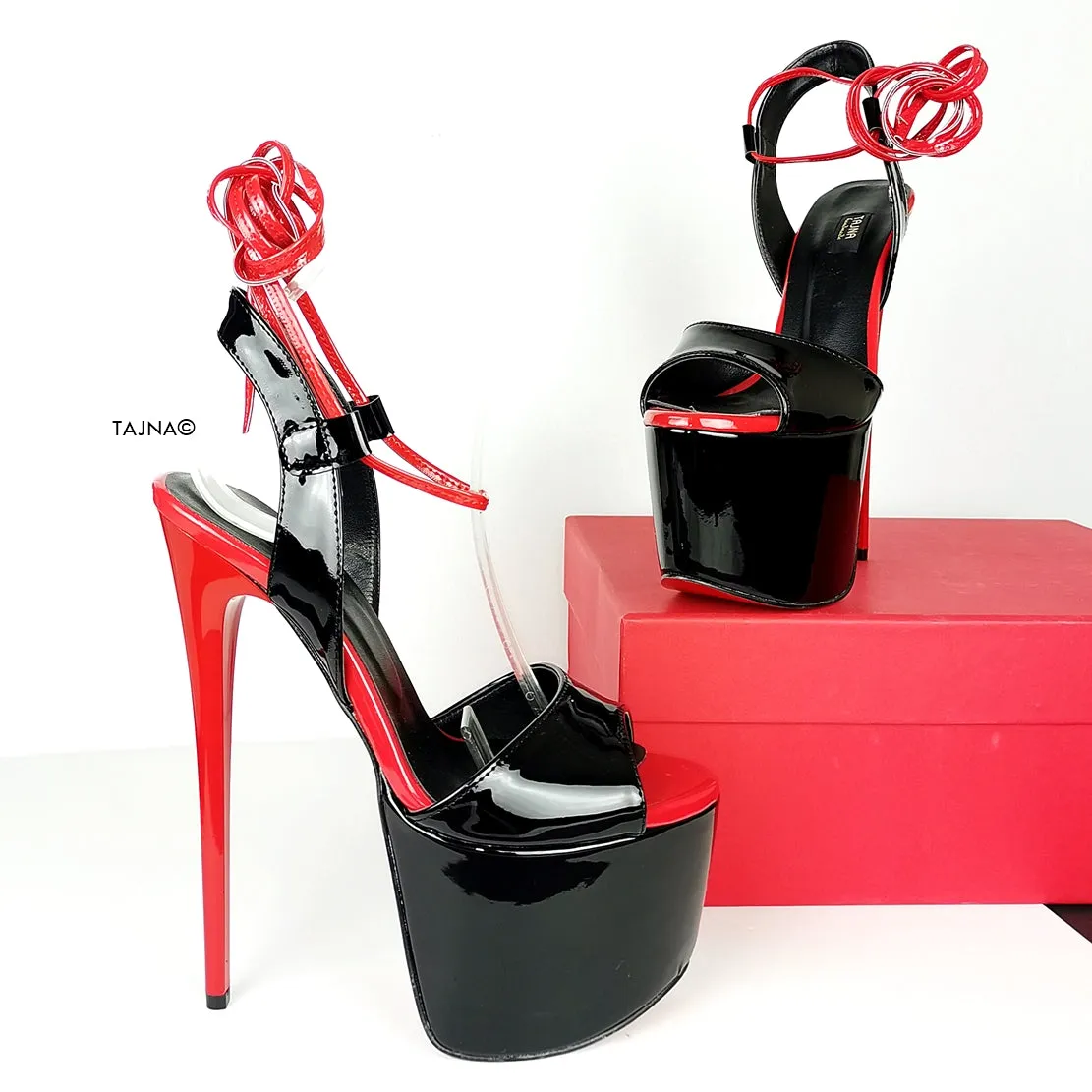 Black Red Gloss Lace Up High Heel Sandals