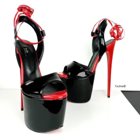 Black Red Gloss Lace Up High Heel Sandals