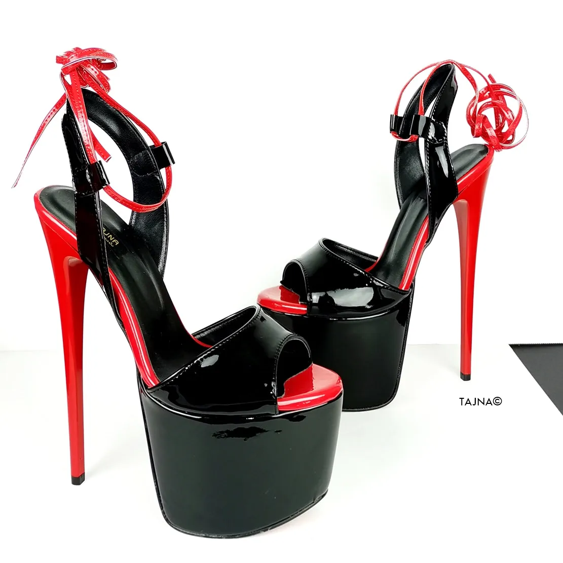 Black Red Gloss Lace Up High Heel Sandals