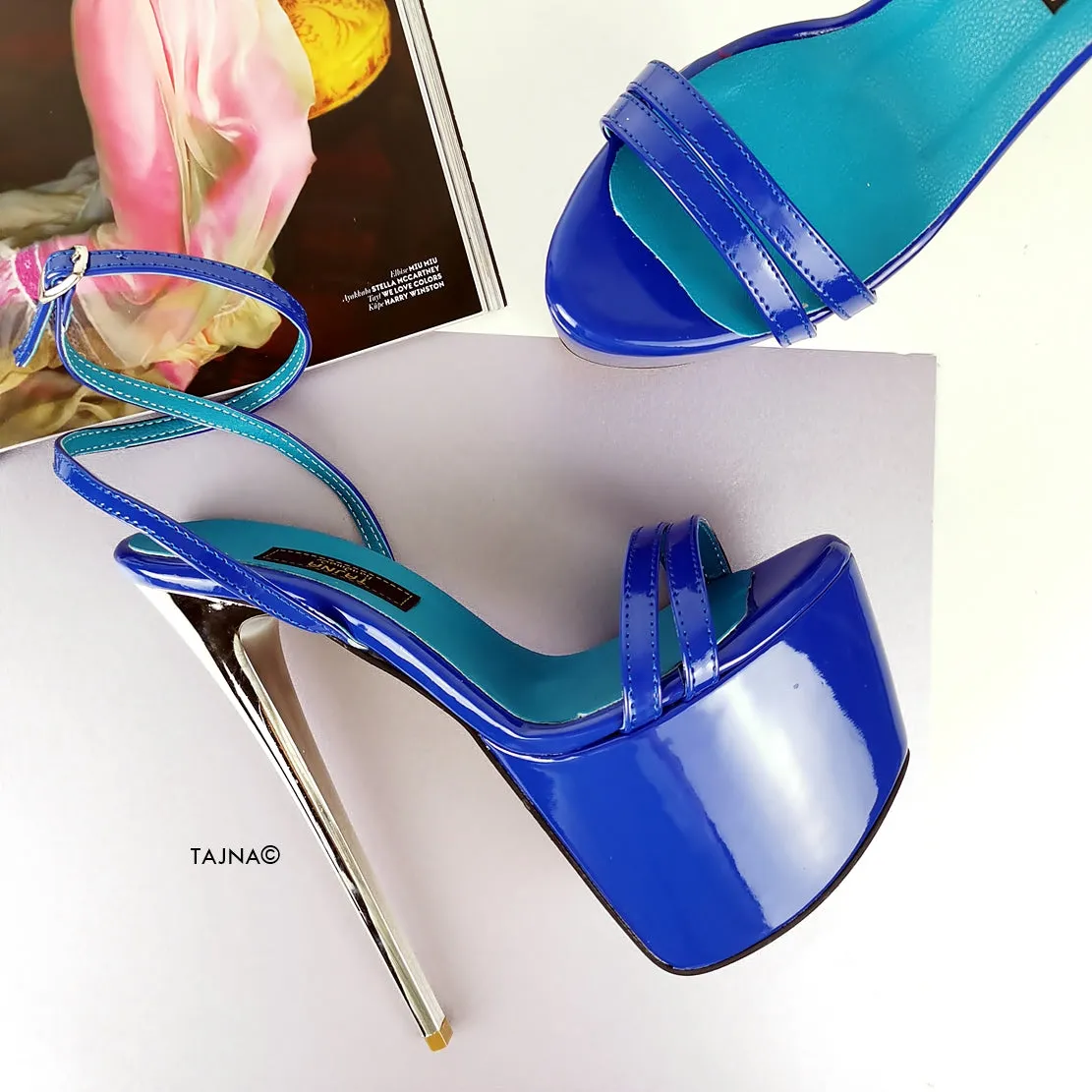 Blue Gloss High Heel Platform Sandals