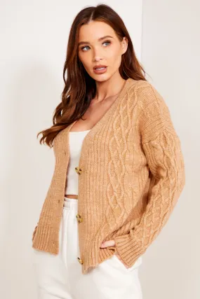 Camel Cable Knit Button Up Cardigan