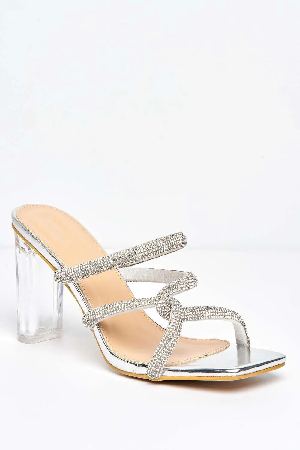 Frida Diamante Embellished Perspex Block Heel Mules in Silver