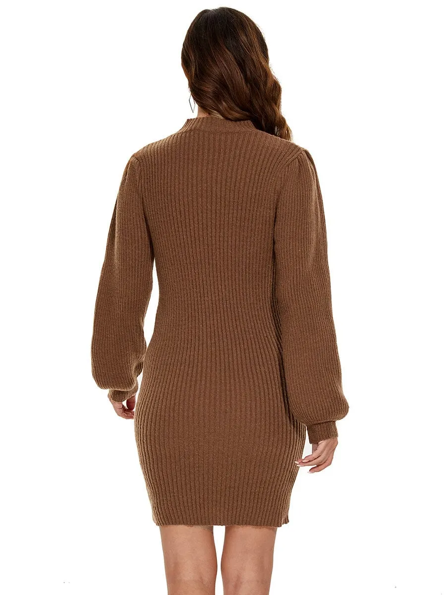 Long Lantern Sleeve Ribbed Knit High Neck Bodycon Sweater Dress