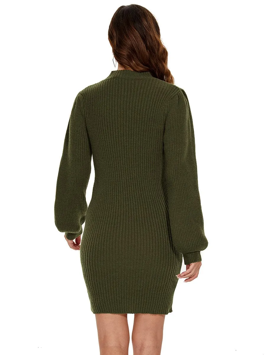 Long Lantern Sleeve Ribbed Knit High Neck Bodycon Sweater Dress