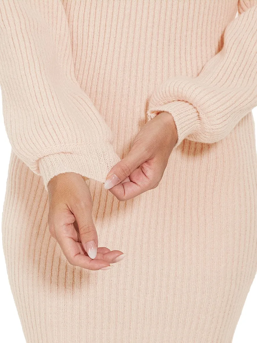 Long Lantern Sleeve Ribbed Knit High Neck Bodycon Sweater Dress