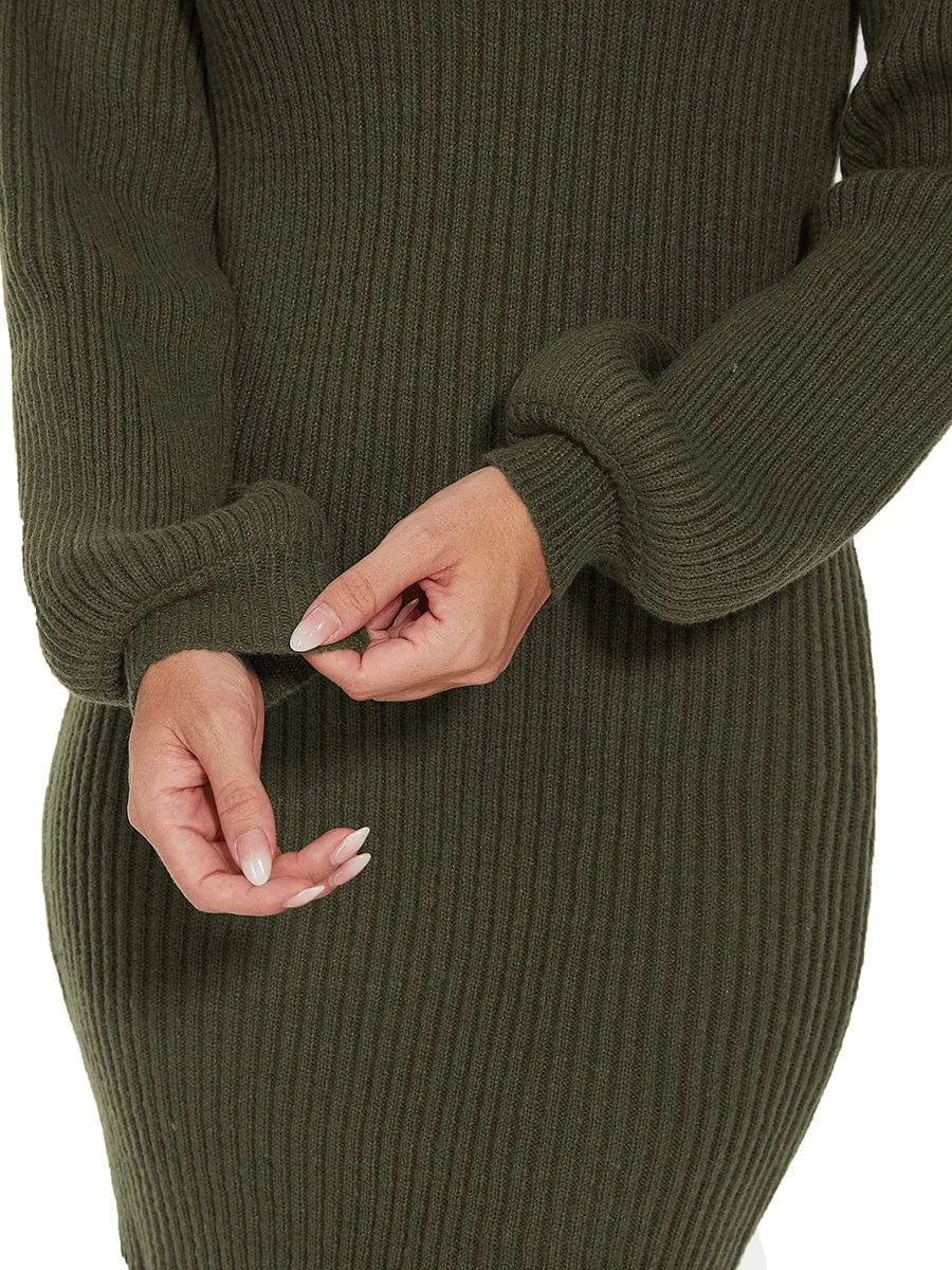 Long Lantern Sleeve Ribbed Knit High Neck Bodycon Sweater Dress