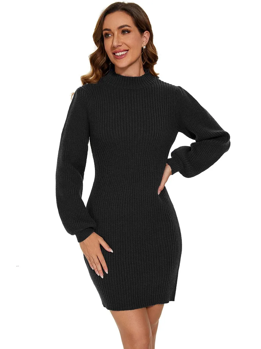 Long Lantern Sleeve Ribbed Knit High Neck Bodycon Sweater Dress