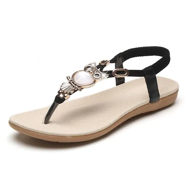 Women's Casual Owl Beaded Flat Beach Sandals 95133681C