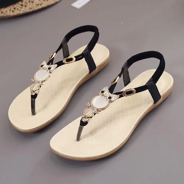 Women's Casual Owl Beaded Flat Beach Sandals 95133681C